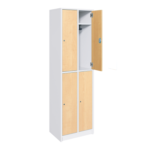 Spindschränke mit Hutboden und Garderobenhaken B/H/T: 66x190x50 cm, 2reihiger Schließfachschrank, 4 Türen, verschieden schließend, feuerhemmendes Material - Dekor Birke
