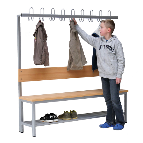 Umkleidebank einseitig mit Sitzfläche Melamin und Hakenleiste B/H/T: 100x45/155x38 cm, Sitzbank aus feuerhemmendem Material mit Schuhrost und Garderobenleiste mit Dreifachhaken