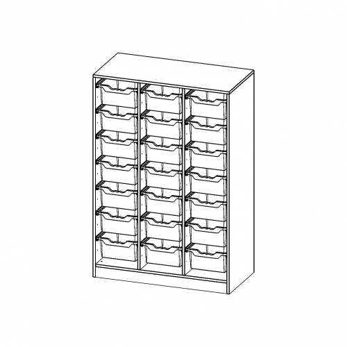 ErgoTray Regal, dreireihig, 4 Ordnerhöhen - evo180 Serie B/H/T: 104,5x154x50 cm, mit Sockel (81 mm), 21 hohe ErgoTray Boxen