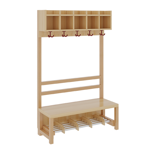 Komplettgarderobe mit einfacher Ablagereihe B/H/T: 100x130x39 cm, 5 Plätze, Sitzhöhe: 26 cm, offene Stütze in Buche-massiv, Schuhrost aus Aluminiumrohren mit Facheinteilungen