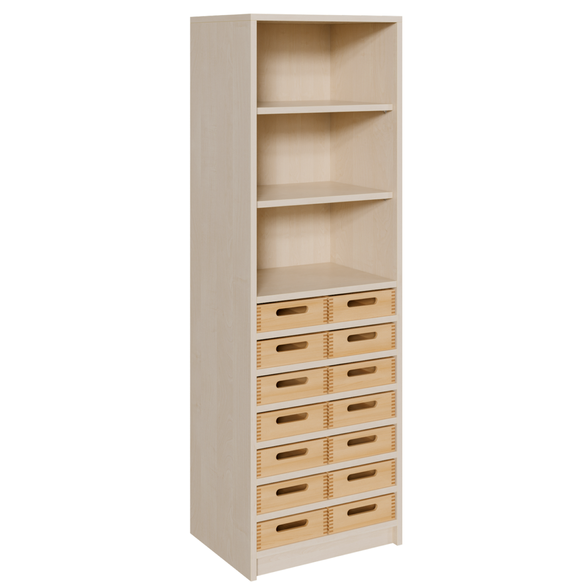 Korpus-Regal mit flachen Materialkästen und offenen Fächern B/H/T: 52x160x40 cm, 14 flache Massivholz-Kästen, oben Regal mit 2 Fächern