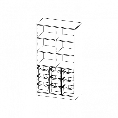 ErgoTray Regal, dreireihig, 5 Ordnerhöhen - evo180 Serie B/H/T: 104,5x190x50 cm, mit Sockel (81 mm), unten 9 hohe ErgoTray Boxen, oben 4 Einlegeböden