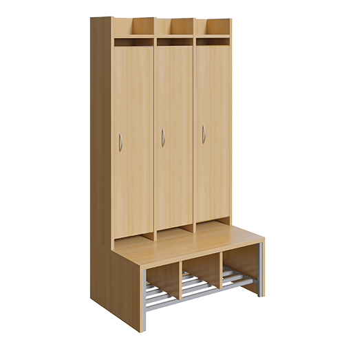 Spindgarderobe, hohe Tür B/H/T: 83x160x55 cm, 3 Plätze, Türen rechts, Bank aus feuerhemmendem Material, Schuhrost, 3fach-Haken