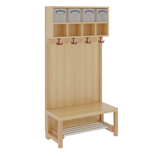 Komplettgarderobe mit doppelter Ablagereihe inklusive Boxen B/H/T: 80x158x39 cm, 4 Plätze, Sitzhöhe: 34 cm, Stütze mit Paneelrückwand, mit Schuhrost aus Aluminiumrohren