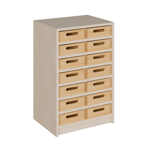 Korpus-Regal mit flachen Materialkästen B/H/T: 52x80x40 cm mit 14 Massivholz-Kästen