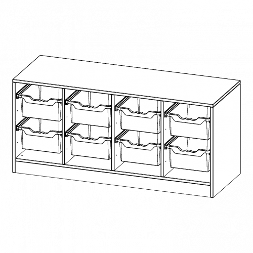 ErgoTray Regal, vierreihig, 1,5 Ordnerhöhen - evo180 Serie B/H/T: 138,7x64x50 cm, mit Sockel (81 mm), 8 hohe ErgoTray Boxen