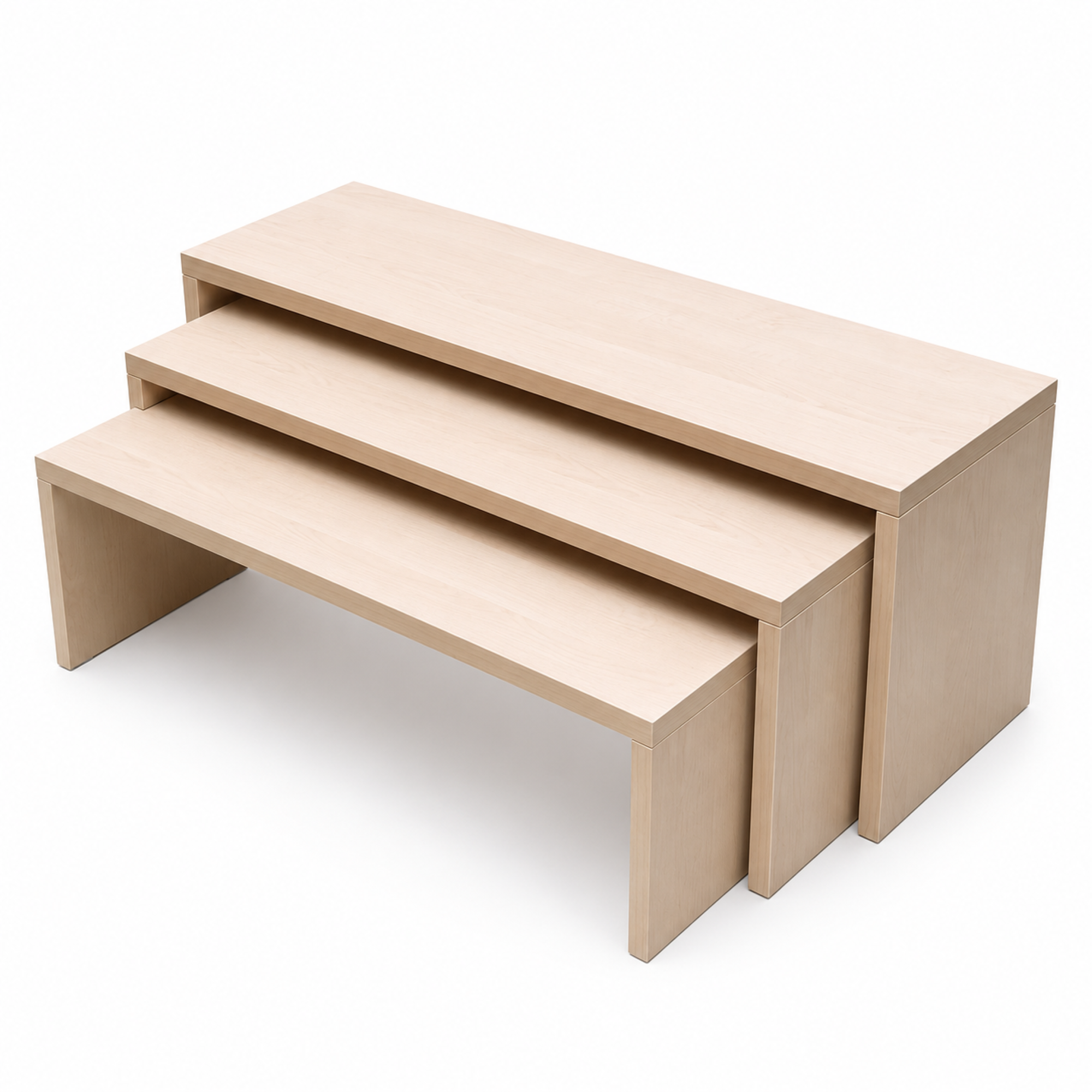 Set aus 3 untereinander schiebbaren Sitzbänken mit stabilen 25-mm-Sitzplatten B/H/T der Bank-Einzelmaße: 105x40x32,5 // 100x35x30,0 // 95x30x27 cm