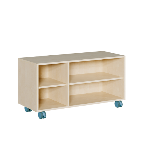 fahrbares Regal in Korpusbauweise B/H/T: 105x62,5x40 cm, Mittelwand außermittig versetzt, 4 Fächer