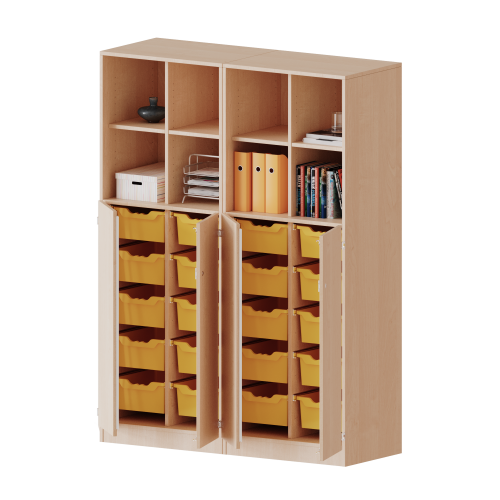 ErgoTray Kombi-Schrank, vierreihig, zweiteilig, 5 Ordnerhöhen - evo180 Serie B/H/T: 140,6x190x50 cm, unten 3 OH Türen und 20 hohe ErgoTray Boxen, oben 2 OH Regal, mit Sockel (81 mm), 2 Mittelwände
