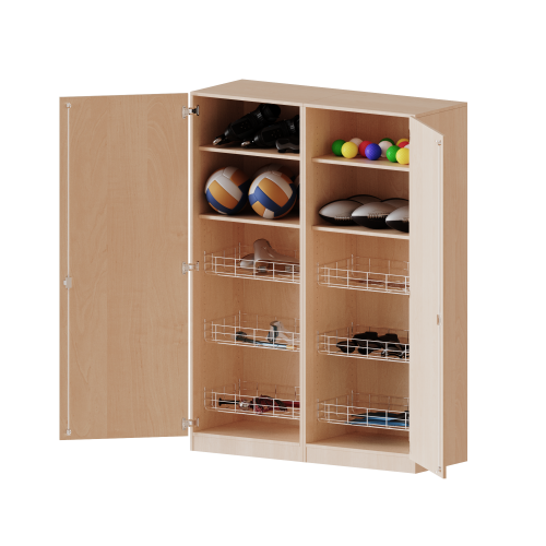 Sportschrank, 5 Ordnerhöhen - Serie evo180 B/H/T: 140,6x190x60 cm, 6 Ballkörbe, mit Sockel (81 mm)