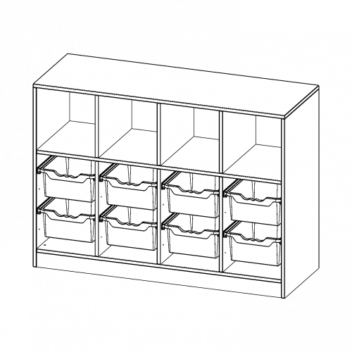 ErgoTray Regal, vierreihig, 2,5 Ordnerhöhen - evo180 Serie B/H/T: 138,7x100x50 cm, mit Sockel (81 mm), oben 4 Fächer, unten 8 hohe ErgoTray Boxen