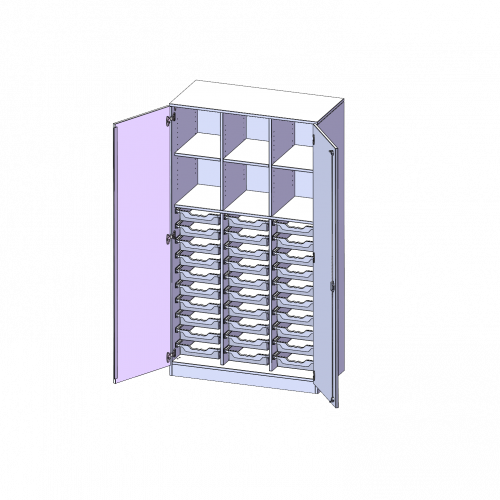 ErgoTray Schrank, dreireihig, 5 Ordnerhöhen - evo180 Serie B/H/T: 104,5x190x50 cm, zweitürig, mit Sockel (81 mm), mit 2 Mittelwänden, mit 30 flachen ErgoTray Boxen