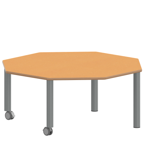 Tisch ZALOTTI mit Linoleum-Belag Achtecktisch, B/H/T: 120x25x120 cm, Stahlrohrbeine Ø 60 mm, Fußvariante: fahrbar, Tischbeine mit RAL-Farbe 9006 (weißaluminium)