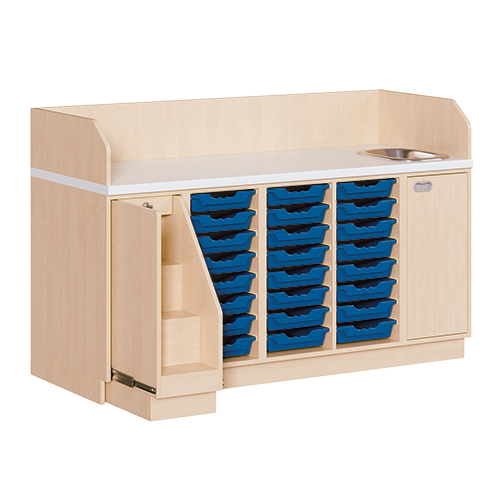 Wickelkommode, vierreihig zuzüglich Waschbecken B/H/T: 179x113x91,5 cm, Ausziehbarer Aufstieg links, 24 Boxen und Waschbecken rechts
