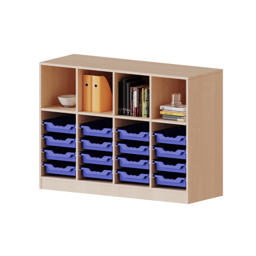 ErgoTray Regal, vierreihig, 2,5 Ordnerhöhen - evo180 Serie B/H/T: 138,7x100x40 cm, mit Möbelstellfüßen, oben 4 Fächer, unten 16 flache ErgoTray Boxen