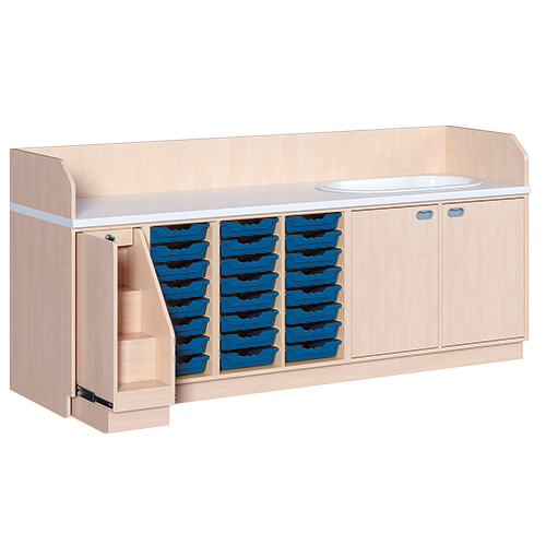 Wickelkommode, vierreihig zuzüglich Badewanne B/H/T: 249x113x91,5 cm, Ausziehbarer Aufstieg links, 24 Boxen und Badewanne rechts