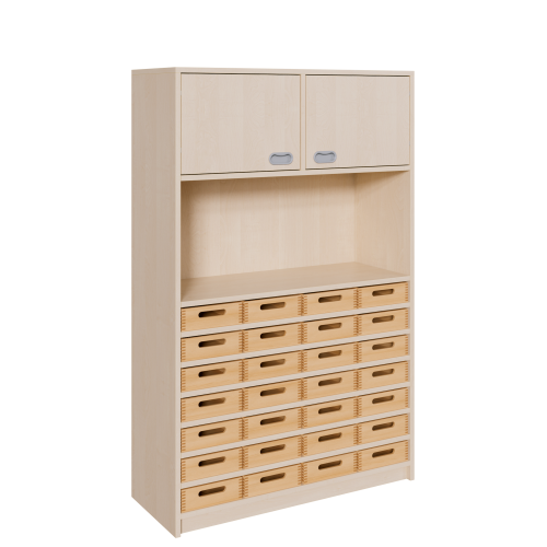 Korpus-Kombischrank mit Materialkästen und 2 Türen B/H/T: 102x160x40 cm, unten 28 Massivholz-Kästen, oben 2 Türen und 4 Fächer; mittig großes Regalfach