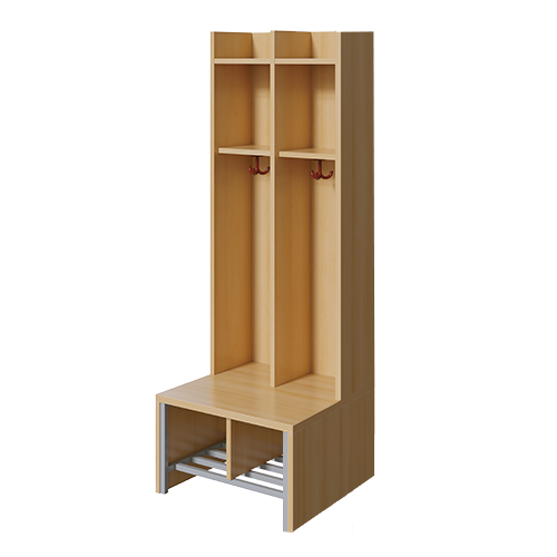 Spindgarderobe offen B/H/T: 56x160x55 cm, 2 Plätze, Bank aus feuerhemmendem Material mit Schuhrost, 3fach-Haken