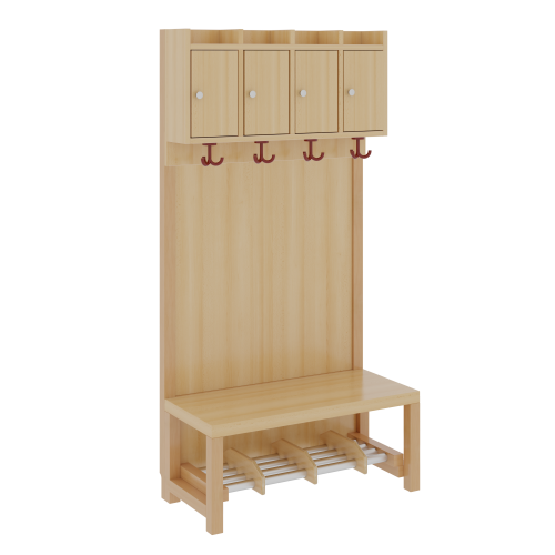 Komplettgarderobe mit Ablagen und Türen B/H/T: 80x158x39 cm, 4 Plätze, Sitzhöhe: 34 cm, Stütze mit Paneelrückwand, Schuhrost aus Aluminiumrohren mit Facheinteilungen