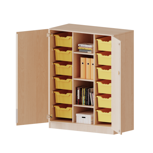 ErgoTray Schrank, dreireihig, 3,5 Ordnerhöhen - evo180 Serie B/H/T: 104,5x136x50 cm, zweitürig, mit Sockel (81 mm), mit 12 hohen ErgoTray Boxen