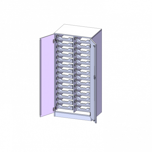 ErgoTray Schrank, zweireihig, 4 Ordnerhöhen - evo180 Serie B/H/T: 70,3x154x50 cm, zweitürig, mit Sockel (81 mm), mit 28 flachen ErgoTray Boxen