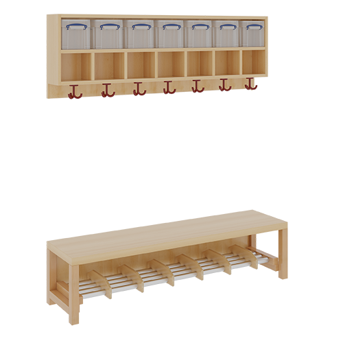 Komplettgarderobe mit doppelter Ablagereihe inklusive Boxen B/T: 140x35 cm, 7 Plätze, Sitzhöhe 42 cm, 2teilig ohne Stütze, Ablage zur Wandmontage, Alu-Rohr-Schuhrost mit Trennungen