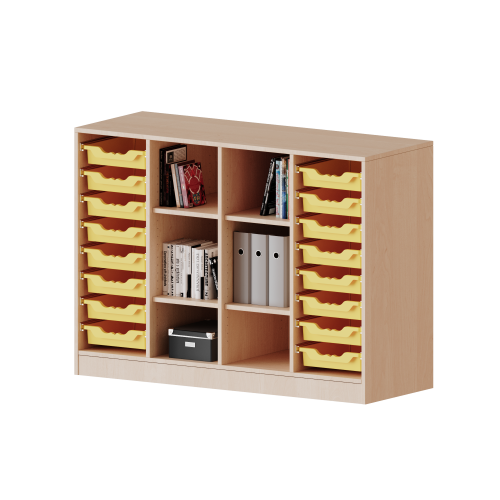 ErgoTray Regal, vierreihig, 2,5 Ordnerhöhen - evo180 Serie B/H/T: 138,7x100x40 cm, fahrbar, rechts und links je 8 flache ErgoTray Boxen, in der Mitte 6 offene Fächer
