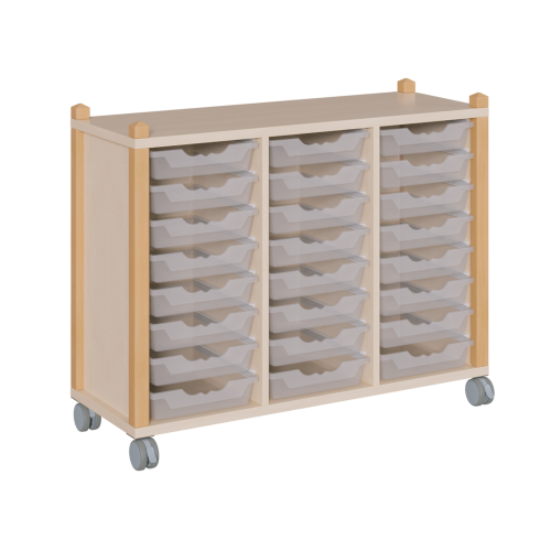 fahrbares Regal in Stollenbauweise B/H/T: 109x82,5x40 cm, in 3 Reihen 24 flache ErgoTray-Boxen