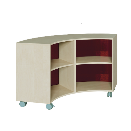 Korpus-Regal auf 1/4-Kreis-Grundriß, Rückwand aus farbiger Plexiglasplatte Bogenregal auf 90°, B/H/T: 140x82.5x57 cm, mit 4 Zwischenböden, Plexiglasmaterial als Rückwand