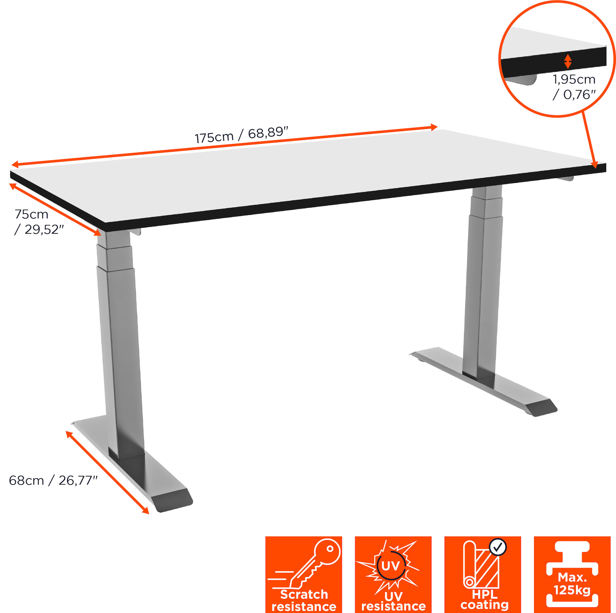 celexon elektrisch höhenverstellbarer Schreibtisch Professional eAdjust-58123 - grau, inkl. HPL Tischplatte 175 x 75 cm