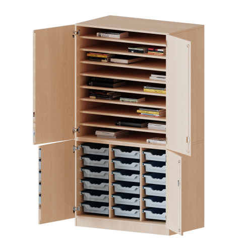 Bastelschrank, 5 Ordnerhöhen - Serie evo180 B/H/T: 104,5x190x60 cm, 4-türiger Schrank mit 18 flachen ErgoTray Boxen, 8 EB, zweiteilig, mit Sockel (81 mm)