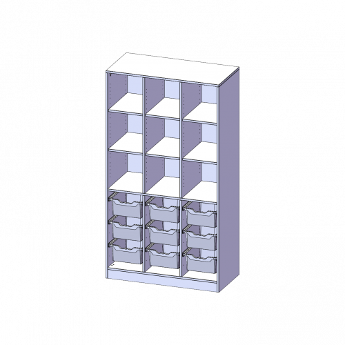 ErgoTray Regal, dreireihig, 5 Ordnerhöhen - evo180 Serie B/H/T: 104,5x190x50 cm, mit Sockel (81 mm) und Mittelwand, unten 9 hohe ErgoTray Boxen, oben 6 Einlegeböden