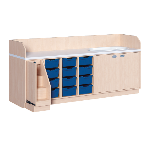 Wickelkommode, vierreihig zuzüglich Badewanne B/H/T: 249x113x71,5 cm, Ausziehbarer Aufstieg links, 12 Boxen und Badewanne rechts