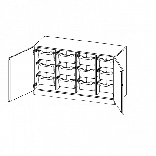 ErgoTray Schrank, vierreihig, 2 Ordnerhöhen - evo180 Serie B/H/T: 138,7x82x50 cm, zweitürig, mit Sockel (81 mm), mit 12 hohen ErgoTray Boxen