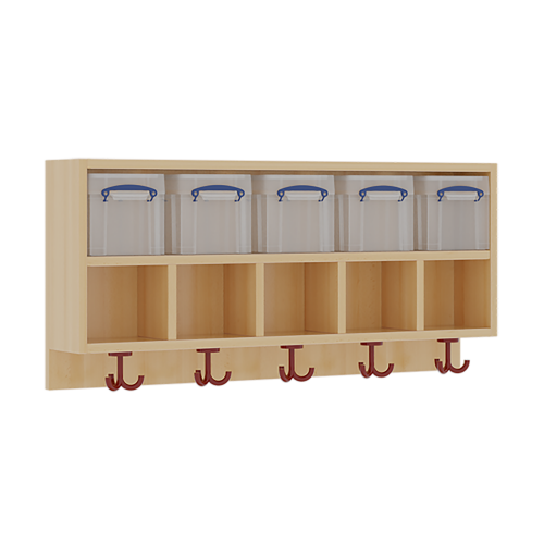 doppelte Garderobenablage B/H/T: 100x46x27 cm, oben 5 Kunststoffboxen mit Deckel, darunter 5 offene ca. 15 cm hohe Fächer, unten 3fach-Haken