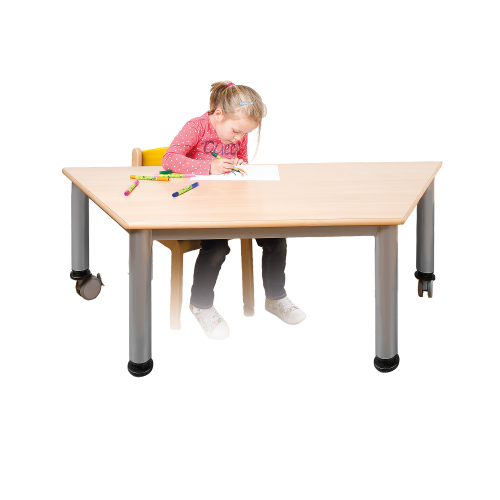 Fahrbarer trapezförmiger Tisch, Platte mit Schichtstoff B/T: 120 x 60 cm, wählbare Tischhöhe, Stahlrohr-Füße Ø 60