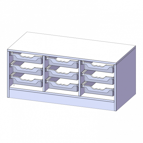 ErgoTray Regal, dreireihig, 1 Ordnerhöhe - evo180 Serie B/H/T: 104,5x46x50 cm, mit Sockel (81 mm), 9 flache ErgoTray Boxen