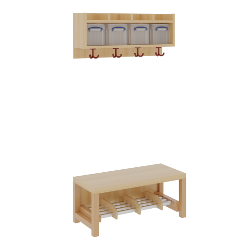 Komplettgarderobe mit einfacher Ablage inklusive Boxen B/T: 80x35 cm, 4 Plätze, Sitzhöhe 34 cm, 2teilig ohne Stütze, Ablage zur Wandmontage, Alurohr-Schuhrost mit Trennungen