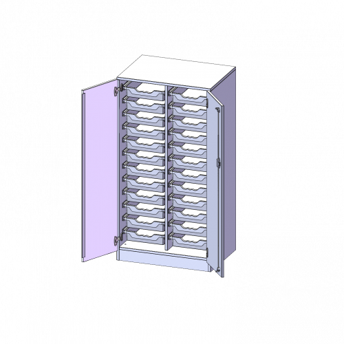ErgoTray Schrank, zweireihig, 3,5 Ordnerhöhen - evo180 Serie B/H/T: 70,3x136x50 cm, zweitürig, mit Sockel (81 mm), mit 24 flachen ErgoTray Boxen