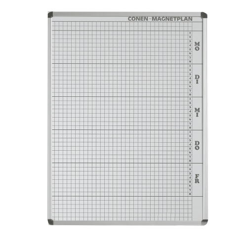 Plantafel mit Personalplan und Stundenraster aus beschreibbarer Premium Stahlemaille, weiß B/H: 151x103 cm, 8 Stunden, 73 Mitarbeiter