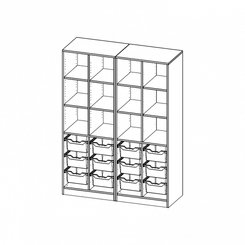 ErgoTray Regal, vierreihig, 5 Ordnerhöhen - evo180 Serie B/H/T: 140,6x190x50 cm, mit Sockel (81 mm), zweiteilig und Mittelwand, unten 12 hohe ErgoTray Boxen, oben 8 Einlegeböden