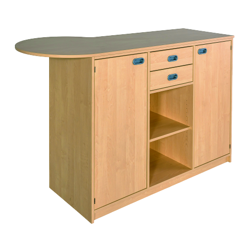 Anmeldestation B/H/T: 170/140x110x50/70 cm, Ansatz links, Raumteiler mit Beratungsansatz, aus feuerhemmendem Material - Dekor Birke