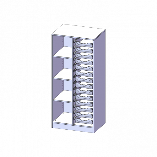 ErgoTray Regal, zweireihig, 4 Ordnerhöhen - evo180 Serie B/H/T: 70,3x154x50 cm, mit Sockel (81 mm), links 4 Fächer, rechts 14 flache ErgoTray Boxen
