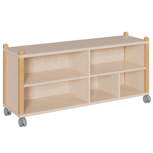 fahrbares Regal in Stollenbauweise B/H/T: 143,3x62,5x40 cm, mit 5 Fächern in unterschiedlicher und variabler Größe, asymmetrische Aufteilung