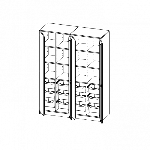 ErgoTray Schrank, zweiteilig, vierreihig, 5 Ordnerhöhen - evo180 Serie B/H/T: 140,6x190x50 cm, viertürig, zweiteilig, mit Sockel (81 mm), mit 2 Mittelwänden, mit 12 hohen ErgoTray Boxen