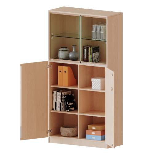 Kombischrank, 5 Ordnerhöhen, Drehtüren unten (3 OH), Glasschiebetüren oben (2 OH) - Serie evo180 B/H/T: 120x190x50 cm, alle Türen abschließbar, mit Sockel (81 mm)