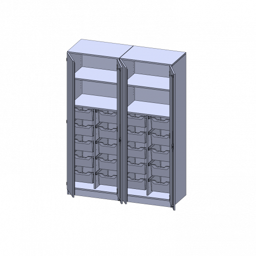 ErgoTray Schrank, zweiteilig, vierreihig, 5 Ordnerhöhen - evo180 Serie B/H/T: 140,6x190x50 cm, viertürig, zweiteilig, mit Sockel (81 mm), mit Mittelwand, mit 20 hohen ErgoTray Boxen