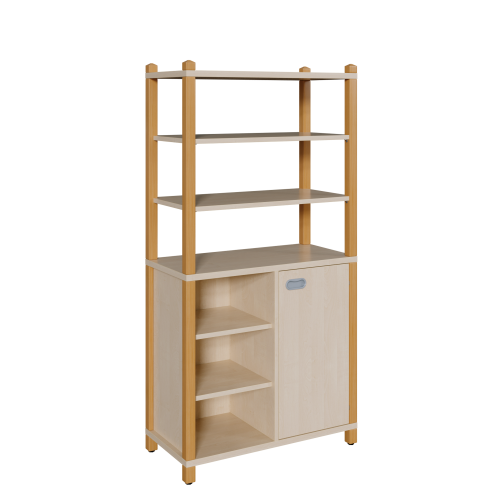 Stollen-Schrank mit einseitiger Tür und 3 offenen Fächern, hoher offener Regalaufsatz B/H/T: 82x160x40 cm, Tür rechts, Regal links, 6 Einlegeböden hoher Regalaufsatz mit 3 Fächern