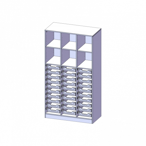 ErgoTray Regal, dreireihig, 5 Ordnerhöhen - evo180 Serie B/H/T: 104,5x190x50 cm, mit Sockel (81 mm) und Mittelwand, unten 30 flache ErgoTray Boxen, oben 3 Einlegeböden