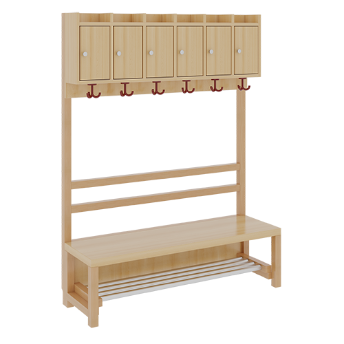 Komplettgarderobe mit Ablagen und Türen B/H/T: 120x158x39 cm, 6 Plätze, Sitzhöhe: 34 cm, offene Stütze in Buche-massiv, mit Schuhrost aus Aluminiumrohren